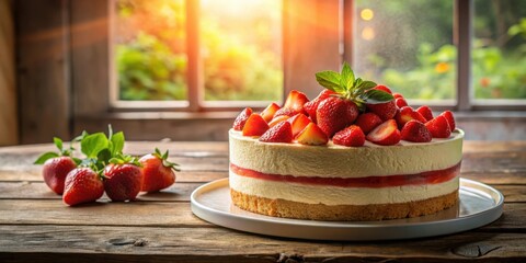 Poster - A strawberry cheesecake sits on a wooden table, with a window and sunshine in the background. The cheesecake has a creamy white base topped with strawberry slices and a layer of red strawberry jam.