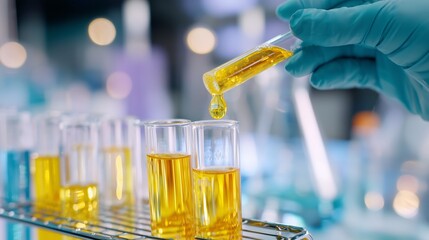 Poster - scientist conducts experiment with yellow liquid in test tubes at laboratory during daytime