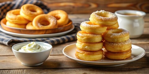 Poster - A stack of powdered donuts on a white plate with a bowl of whipped cream and a cup of coffee in the background.