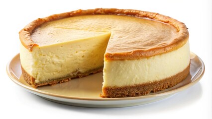 Poster - A slice removed from a creamy cheesecake, revealing the soft, golden interior. The cheesecake sits on a beige plate, ready to be enjoyed.