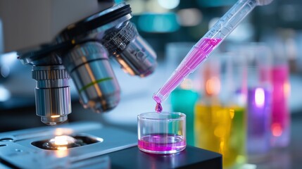 Poster - laboratory experiment with colorful liquids and a microscope during a scientific investigation