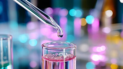 Poster - colorful liquid science experiment with pipette dripping into test tube in laboratory setting