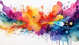 lively multicolored watercolor paint splatters and blotches create a dynamic abstract composition on a clean white surface