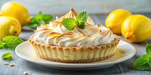 Poster - A Single Lemon Tart Topped with Meringue and a Sprig of Mint, Served on a White Plate on a Rustic Wooden Surface