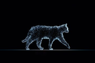 Poster - Ghostly silhouette of a wildcat outlined in glowing neon lines, red and blue palette on black, ideal for tech or creative design