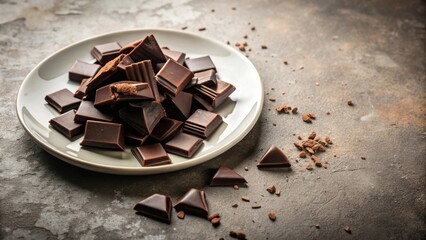 Poster - A pile of broken dark chocolate pieces on a white plate with chocolate shavings scattered around