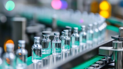 Poster - vials moving along a conveyor belt in a pharmaceutical production facility during daylight hours