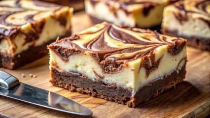 Poster - A Close-up Shot of a Swirled Cheesecake Brownie on a Wooden Cutting Board