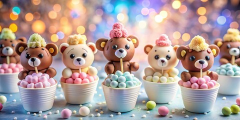 Poster - Adorable Bear Themed Cupcakes Decorated with Colorful Candies and Bokeh Lights in the Background