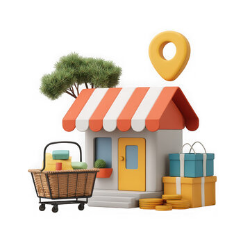3d cartoon shop store location icon isolated on transparent background