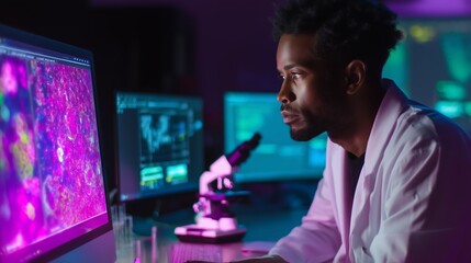 Poster - scientist analyzing colorful samples under varying light conditions in a laboratory at night