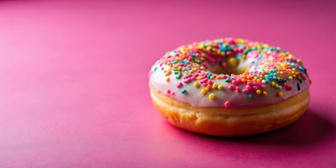 Poster - A sugary donut with white frosting and colorful sprinkles resting on a bright pink surface