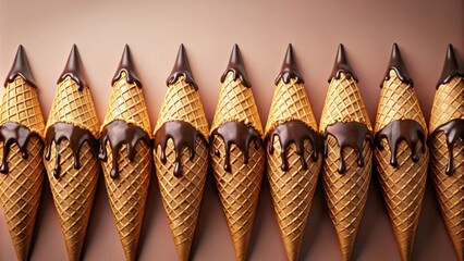 Poster - A Row of Golden Waffle Cones Drizzled with Melted Chocolate, a Sweet and Tempting Dessert Treat