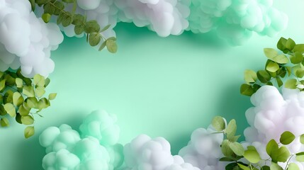 Poster - Soft green background framed by fluffy clouds and green leaves in a calming nature-themed setting
