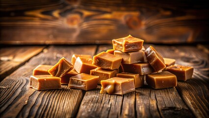 Poster - A pile of soft caramel candies on a rustic wooden table, ready to be savored.