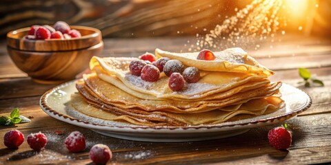 Aufkleber - A stack of golden pancakes dusted with powdered sugar and topped with fresh berries, bathed in a soft morning light.