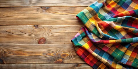 Poster - A vibrant checkered cloth draped over a rustic wooden surface, creating a visually captivating composition.