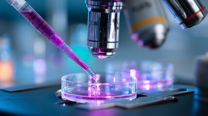 Poster - laboratory work with a microscope and pipette in a scientific research setting