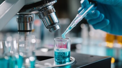 Poster - laboratory technician conducts experiment with pipette and microscope in modern research facility