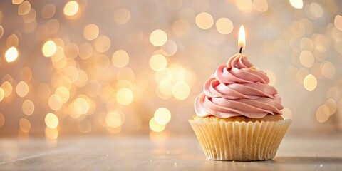 Poster - A single cupcake with pink frosting and a lit candle, set against a backdrop of warm bokeh lights, symbolizing celebration and joy.