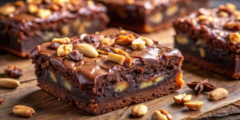 Poster - A close-up of a freshly baked brownie with a rich chocolate glaze, topped with crunchy nuts, and placed on a rustic wooden board.