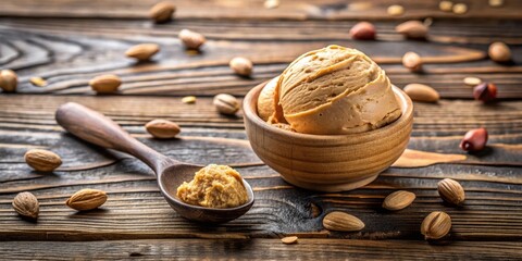 Poster - A bowl of creamy nut ice cream with a scoop of the frozen treat on a wooden spoon surrounded by scattered nuts on a rustic wooden background