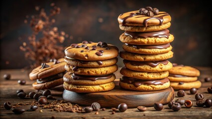 Poster - Sweet Treats with a Coffee Bean Twist A Collection of Deliciously Decadent Chocolate-Covered Cookies on a Wooden Surface Surrounded by Scattered Coffee Beans