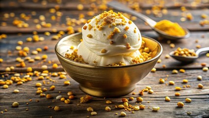Poster - Golden Bowl of Creamy Ice Cream Topped with Crunchy Granola and Scattered with Sprinkles on Rustic Wooden Surface