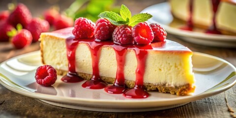 Poster - A slice of creamy cheesecake topped with fresh raspberries and a drizzle of raspberry sauce, sitting on a white plate, ready to be enjoyed