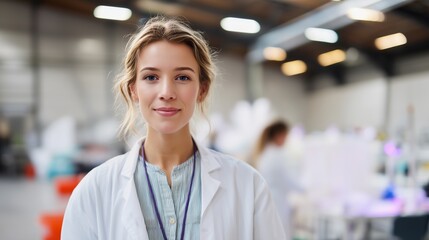 Poster - young female scientist working in modern laboratory during daytime with advanced equipment present