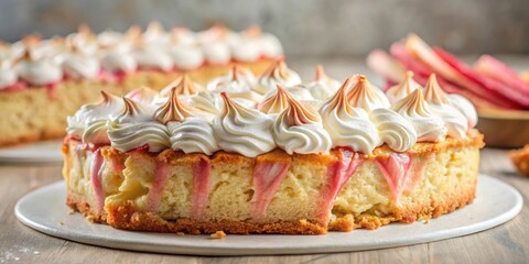 Poster - Creamy Whipped Topping Adorns a Delicious Rhubarb Cake, Served on a White Plate with a Rustic Wooden Table Setting