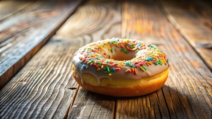 Poster - A single glazed donut with colorful sprinkles sits on a weathered wooden surface, bathed in warm, natural light.