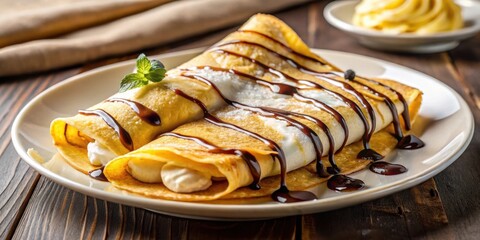 Poster - Two Delectable Crepes Topped with Whipped Cream and Drizzled with Chocolate Sauce on a White Plate