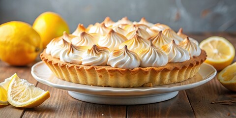 Poster - A freshly baked lemon tart with a fluffy meringue topping, ready to be enjoyed on a rustic wooden table