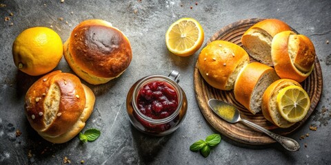Poster - Freshly Baked Bread Rolls with Sweet Cherry Jam and Lemon Slices on a Rustic Tabletop