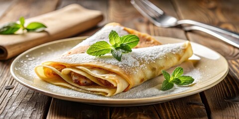 Poster - A delicately folded crepe, sprinkled with powdered sugar and adorned with fresh mint leaves, rests on a beige plate, showcasing a delightful culinary treat.