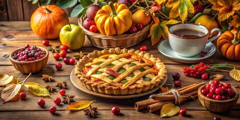 Poster - A rustic autumnal table setting with a freshly baked pie, cranberries, cinnamon sticks, and a steaming cup of tea