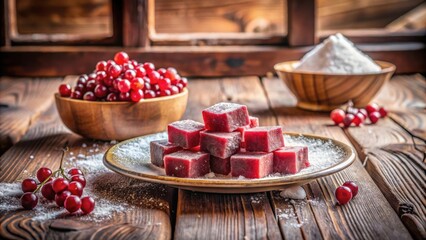 Poster - A plate of vibrant red gelatin squares dusted with powdered sugar, nestled amongst ripe red berries and a rustic wooden backdrop.