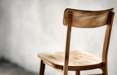 Poster - Wooden chair with simple design, showcasing its natural grain and texture against blurred background. chair evokes sense