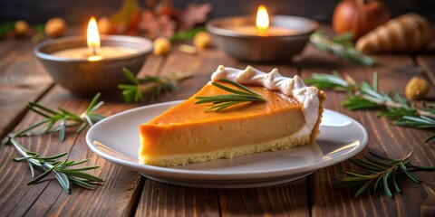 Poster - A single slice of pumpkin pie with a delicate meringue topping and rosemary garnish, resting on a white plate against a rustic wooden backdrop with warm candlelight illuminating the scene.