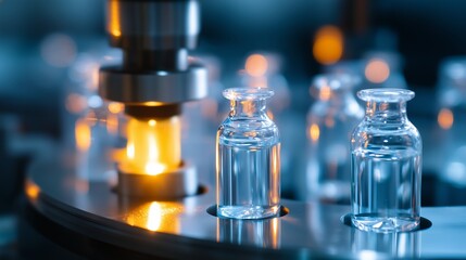 Poster - vials are being filled with liquid at a pharmaceutical manufacturing facility in the early morning l