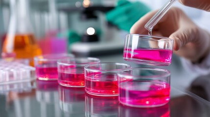 Poster - laboratory technician conducts experiment with colorful liquids in glass containers during research 