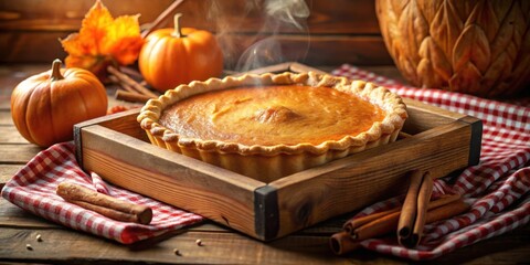 Poster - Warm, Golden Pumpkin Pie in a Rustic Wooden Crate with Steaming Filling and Autumnal Decorations
