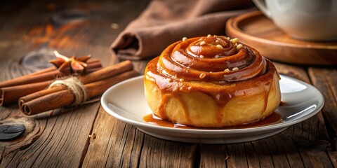 Poster - A Single, Freshly Baked Cinnamon Roll Drizzled with Caramel Sauce on a White Plate, Surrounded by Cinnamon Sticks and Star Anise on a Rustic Wooden Table