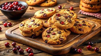 Poster - A stack of cranberry and chocolate chip cookies on a wooden cutting board surrounded by fresh cranberries.