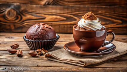 Poster - A Brown Coffee Cup with a Whipped Cream Topping and a Chocolate Muffin Next to It on a Rustic Wooden Table