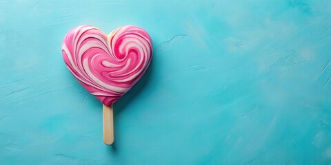 Poster - A Swirled Pink and White Heart Shaped Lollipop on a Blue Background