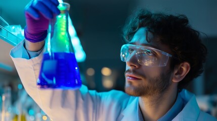 Poster - scientist examines blue liquid in laboratory flask during nighttime research session