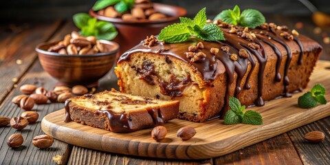 Poster - Chocolate Drizzled Loaf Cake with Nut Topping and Fresh Mint on a Wooden Cutting Board
