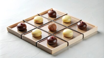 Poster - A tic-tac-toe game played with chocolate truffles, featuring both dark and white chocolate with a unique brown center, arranged on a beige tray with brown lines.